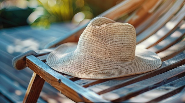 Straw hat on wooden deck chair in sunlight