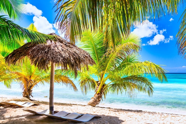 Straw umbrella on the tropical beach with white sand ocean and palms Vacation travel relaxation background Saona island in Dominican Republic