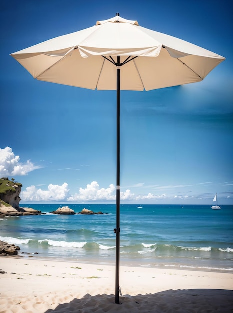 Straw white beach umbrella isolated on beach sand