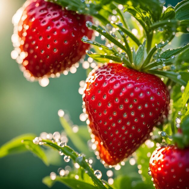 strawberries are growing on a plant with water drops