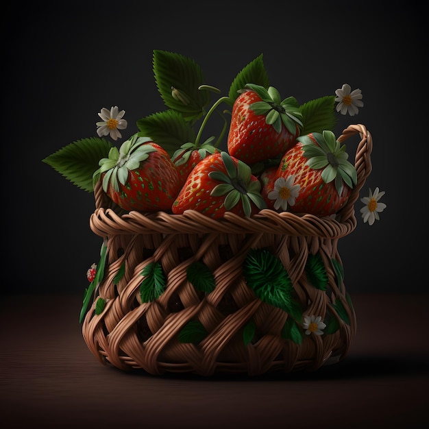 strawberries in the basket with dark background generative ai