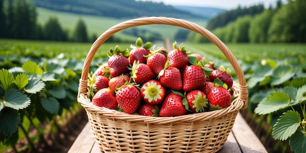 strawberries in a basket on a wooden table