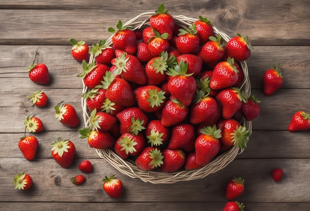 Strawberries in a basket on a wooden table