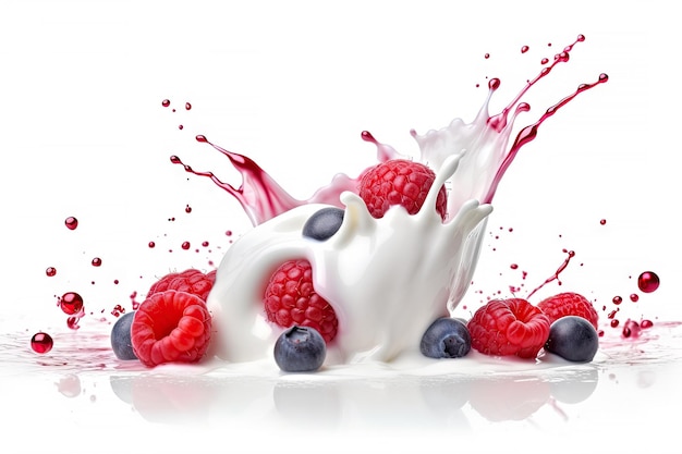 Strawberries and berries milk smoothie splash isolated on white background yogurt Generative AI