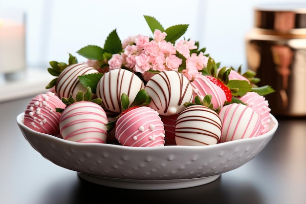 Strawberries in chocolate white and pink glaze on a plate on Valentines Day