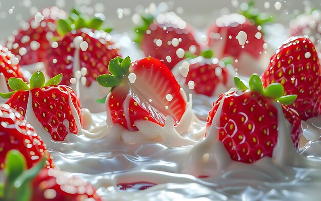 Strawberries dipped in white liquid milk