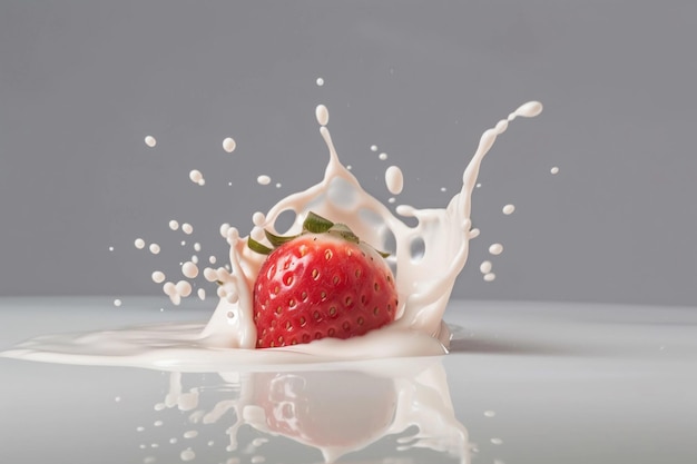 Strawberries fall into milk Strawberries and a splash of cream AI Generated