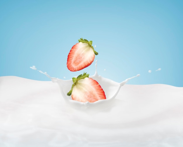 Strawberries falling into a splash of milk isolated on blue background