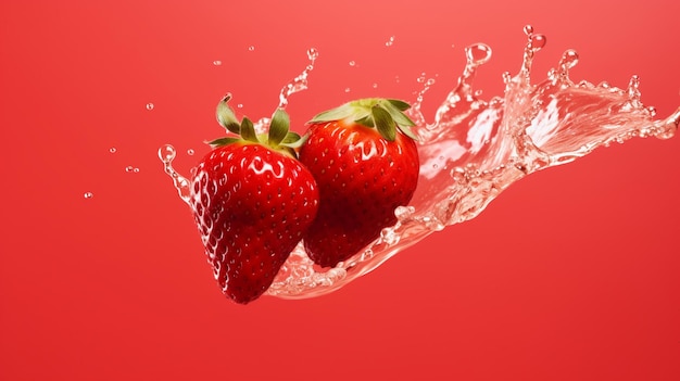 Strawberries falling into water with splash isolated on red background