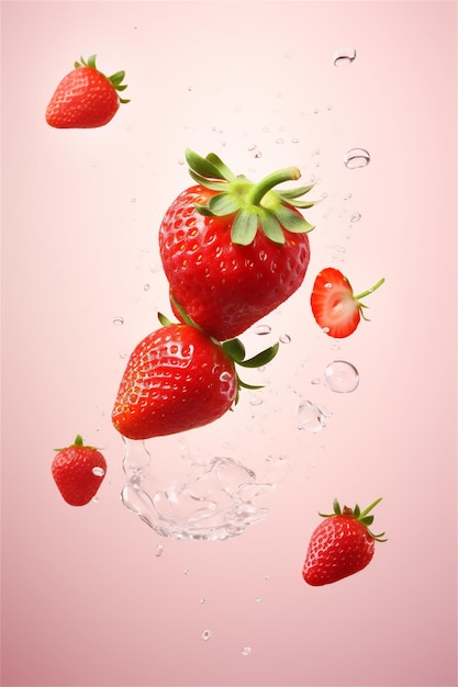 Strawberries falling isolated on pink background