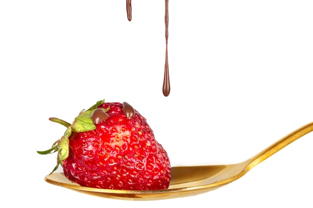 Strawberries on golden spoon with chocolate dipping isolated on white