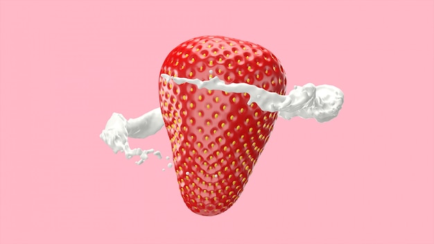 Strawberries and milk splash, 3d rendering.