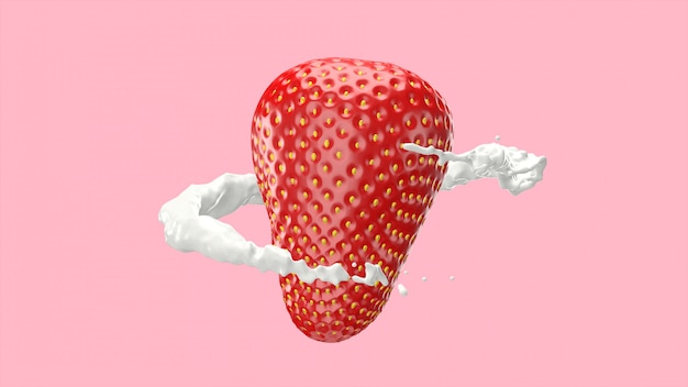 Strawberries and milk splash, 3d rendering.