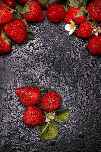 Strawberries on a natural slate base dark food photograhpy