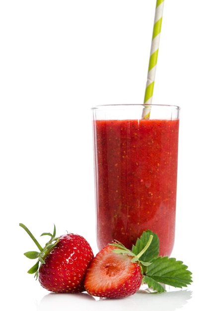 Strawberries one and half with strawberry cocktail smoothie isolated on white backgraund