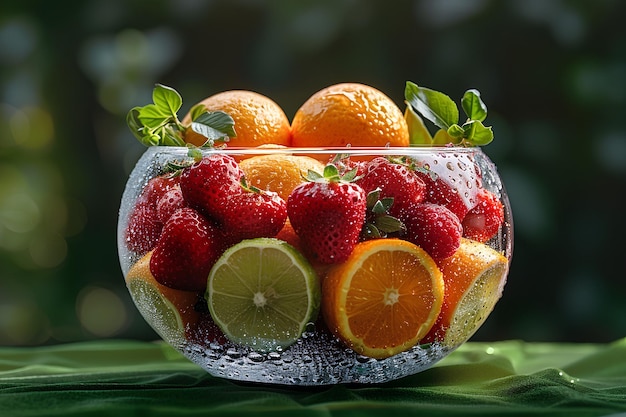 Strawberries oranges and limes inside a transparent glass vase on a green sand