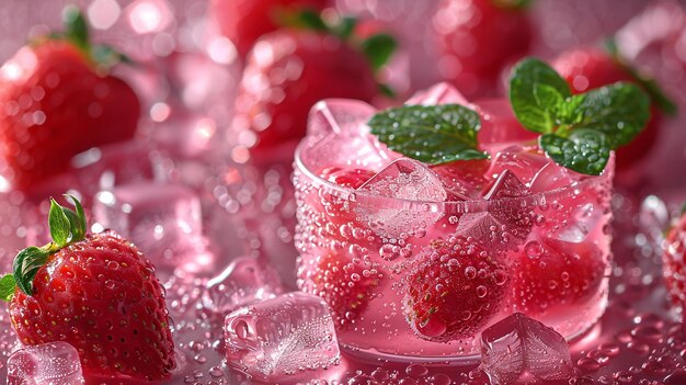 Strawberries in the pink strawberry jam with ice cubes and green leaves