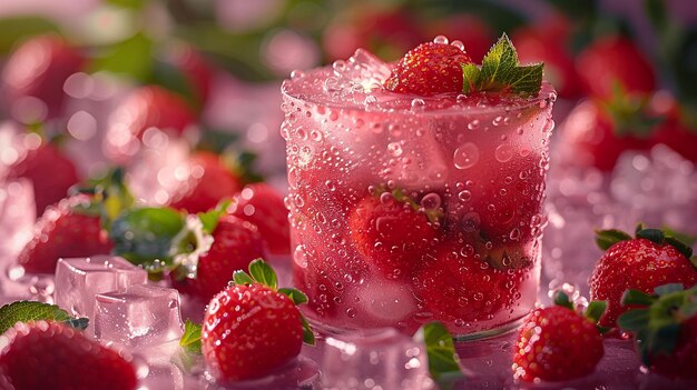 Strawberries in the pink strawberry jam with ice cubes and green leaves