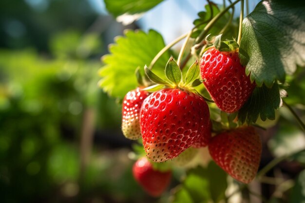 Strawberries on a plant in a greenhouse