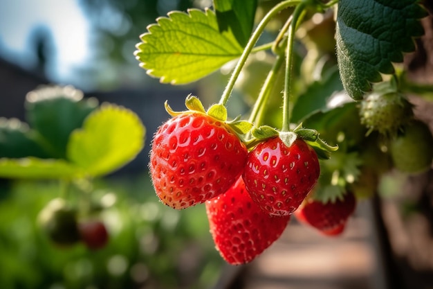 Strawberries on a plant with the sun shining on them