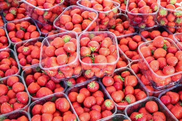 Strawberries in plastic containers at farmers market background texture