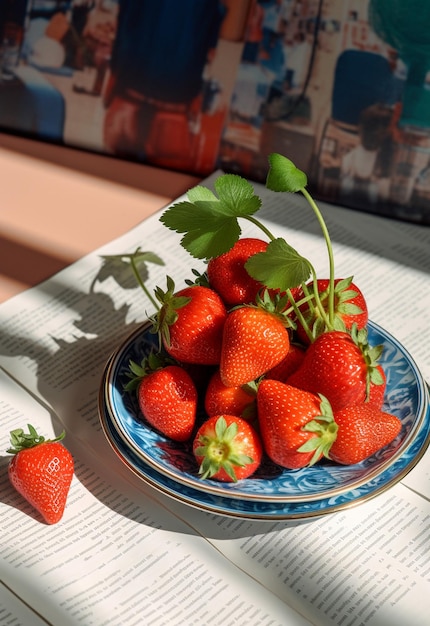 strawberries on a plate with a magazine on it in the style of pop inspo festive atmosphere eilif