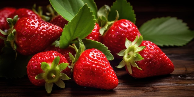 Strawberries on rustic wooden table Ripe berries with green leaves natural AI Generative