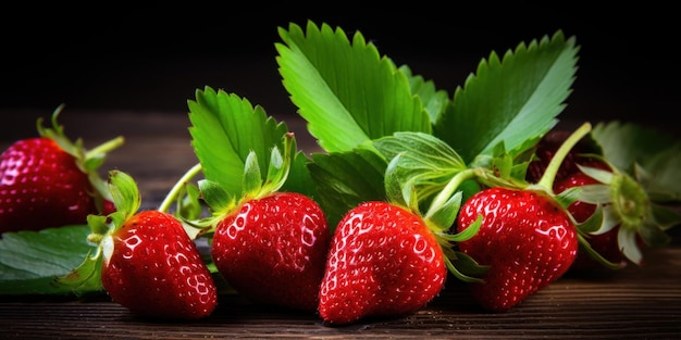 Strawberries on rustic wooden table Ripe berries with green leaves natural AI Generative