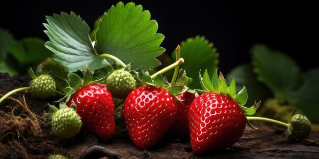 Strawberries on rustic wooden table Ripe berries with green leaves natural AI Generative