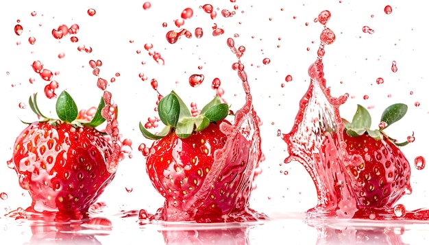 Photo strawberries in splashes of red juice on a white background