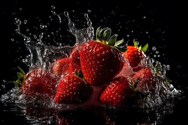 Strawberries and splashes of water on a black background Neural network AI generated