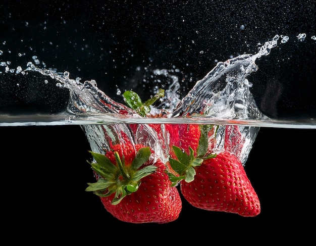 Photo strawberries splashing into water on a black background