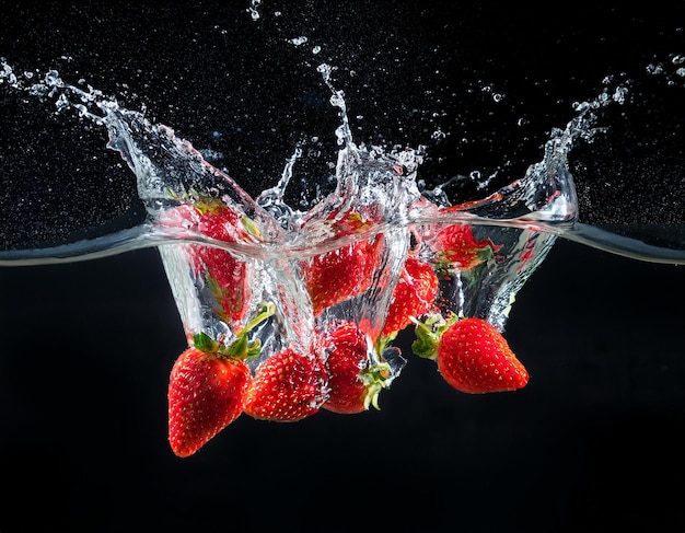 Strawberries splashing into water on a black background