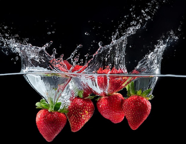 Photo strawberries splashing into water on a black background