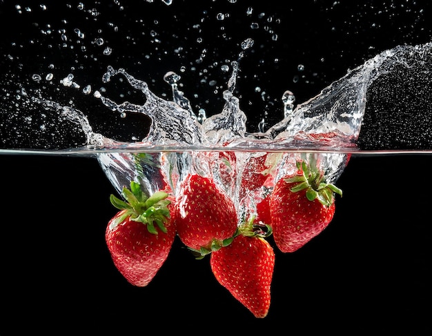 Strawberries splashing into water on a black background