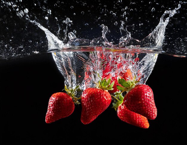 Strawberries splashing into water on a black background