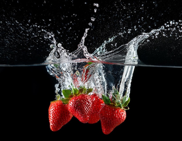 Photo strawberries splashing into water on a black background