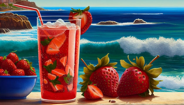 Strawberries summer drink on sea background Generate Ai