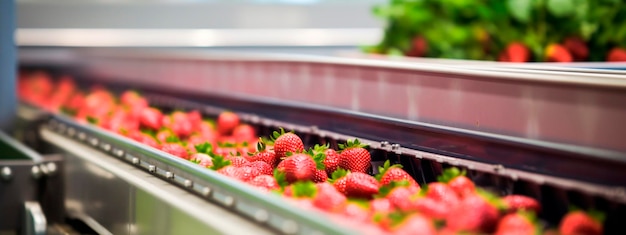 Strawberries tape in the food industry products ready for automatic packaging Concept with automated food production Generative AI