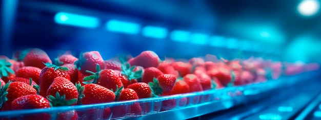 Strawberries tape in the food industry products ready for automatic packaging Concept with automated food production Generative AI