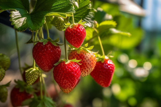 Strawberries on the vine in the garden