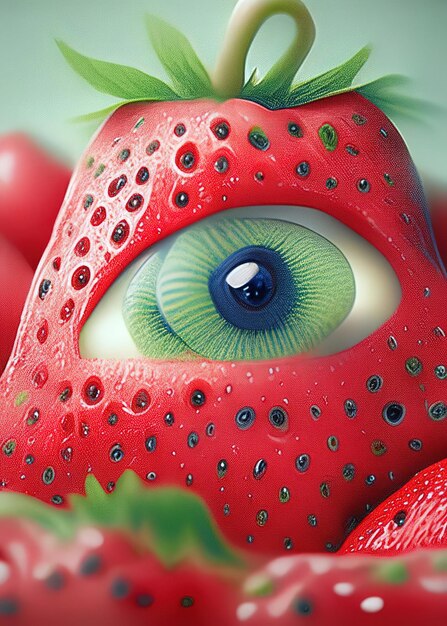 Strawberries with eyes in the style of distorted and exaggerated human figures Ai generated