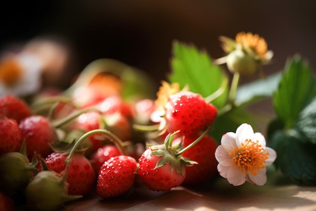 Strawberries with flowers on a dark wooden background Selective focus Generative AI