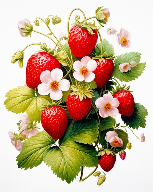 strawberries with leaves and flowers on branches