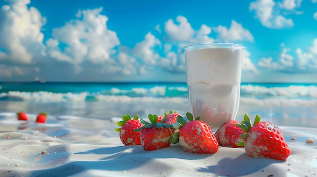 Strawberries with milk on the white beach generative ai