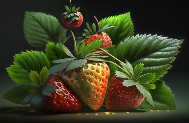 Strawberries with strawberry leaf on dark background