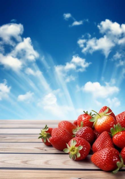 Strawberries on a wooden table against a blue sky