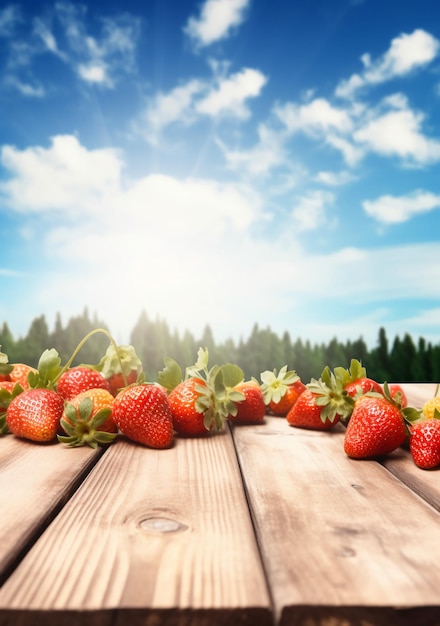 Strawberries on a wooden table with a blue sky in the background