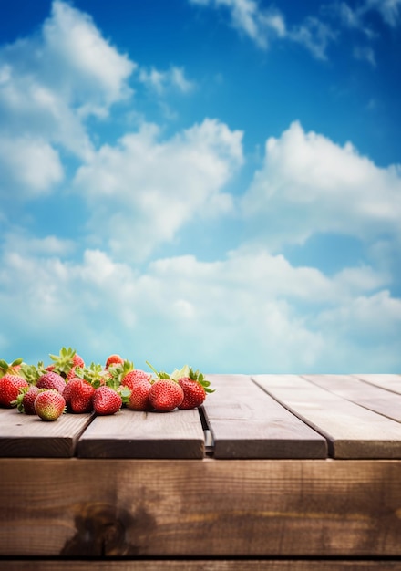 Strawberries on a wooden table with a blue sky behind them