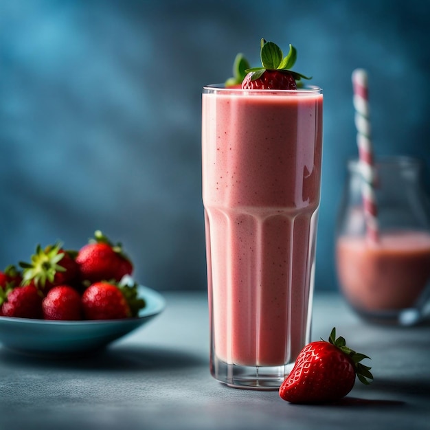 Strawberry banana non dairy smoothie in a tall glass on a light blue slate stone or concrete backgr